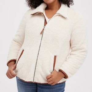 Torrid Faux Shearling Contrast Trim Ivory Zip Front Jacket